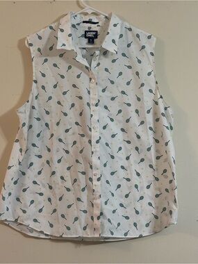 Lands' End No Iron White Sleeveless Button-Down Shirt Teal & Yellow Tennis Print